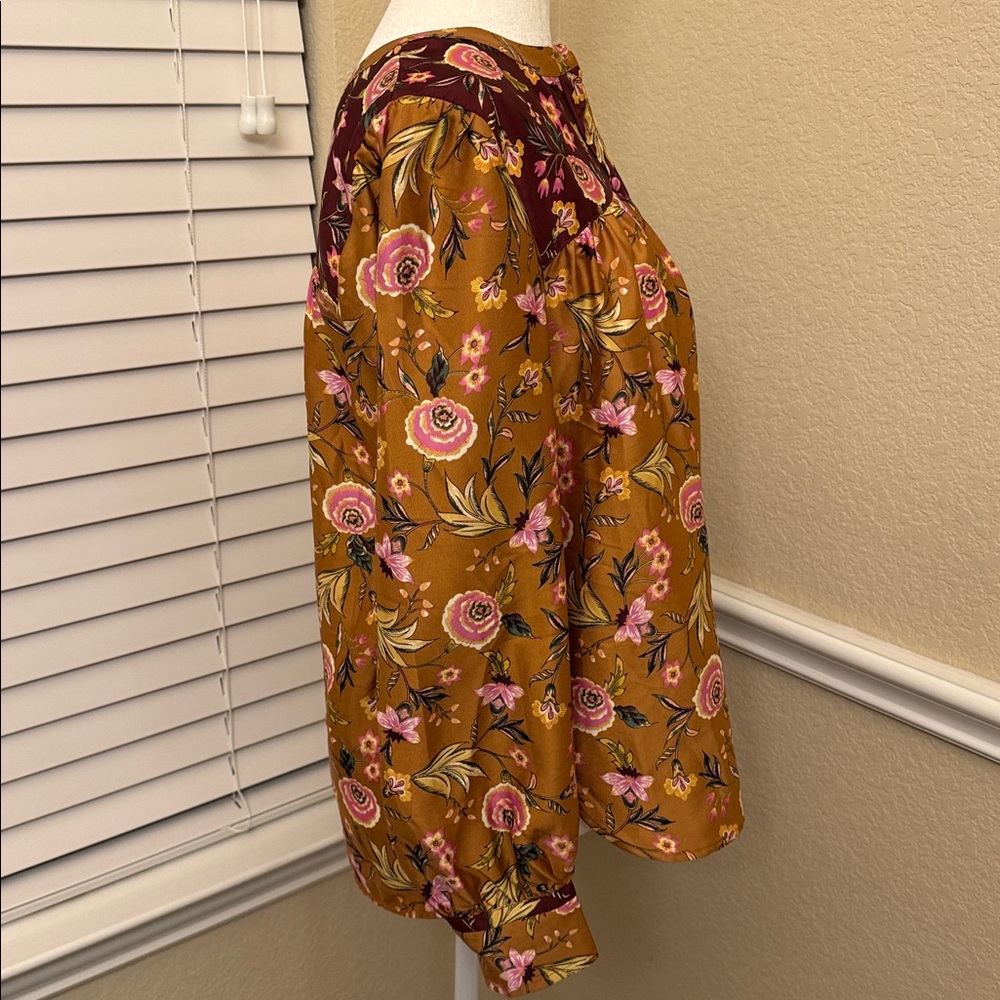 LOFT Floral Blouse Mustard Burgundy Long Sleeves Women's Small - Picture 3 of 14